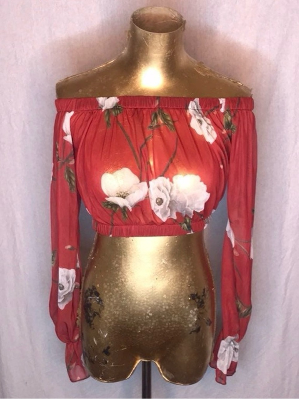 Missguided Rust Red Off-Shoulder Floral Crop Top